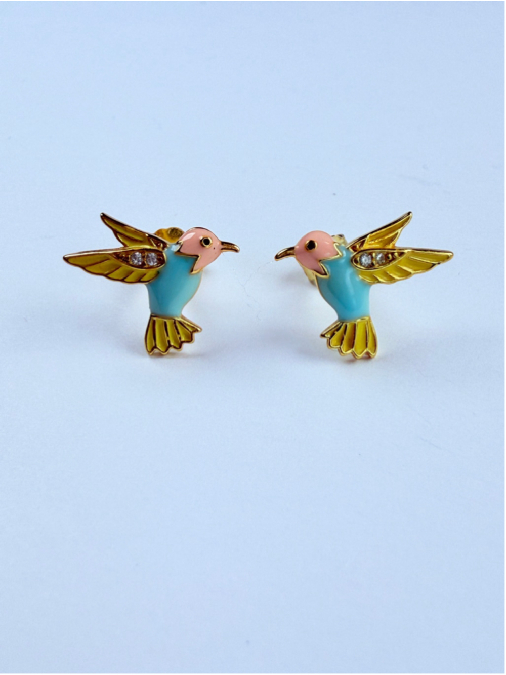 Hummingbirds In Flight Enamel & Gold Vermeil Sterling Silver Stud Earrings W/ CZ